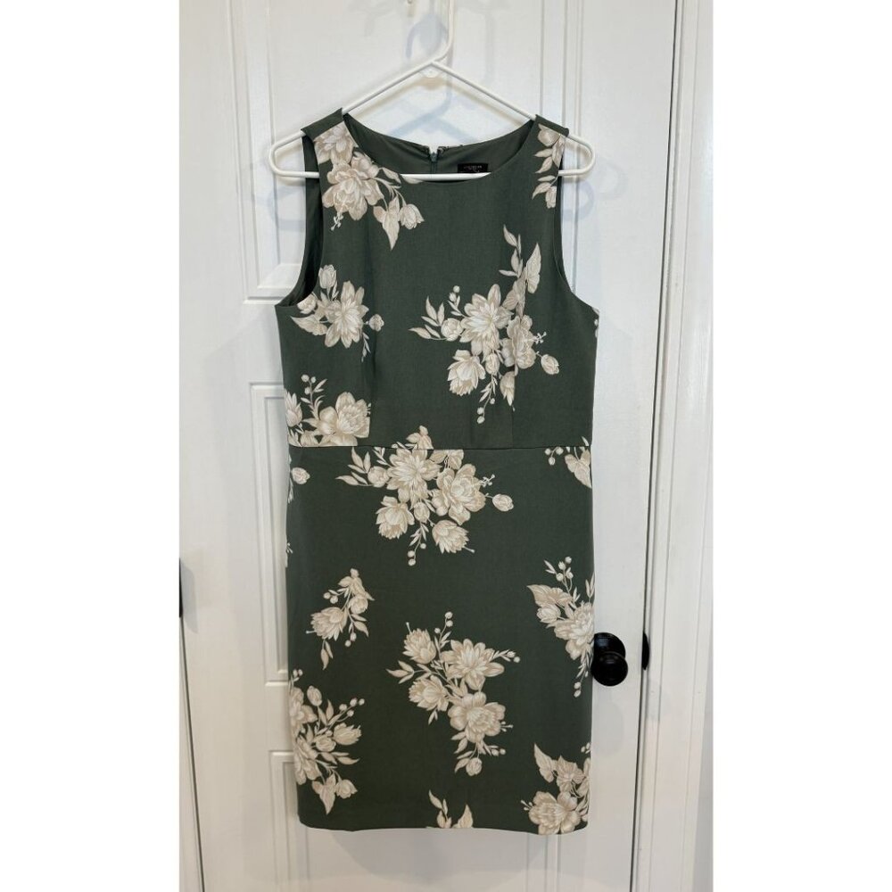 Ann Taylor Factory Deep Sage Green w/Ivory & Beige Floral Sheath Dress EUC Midi